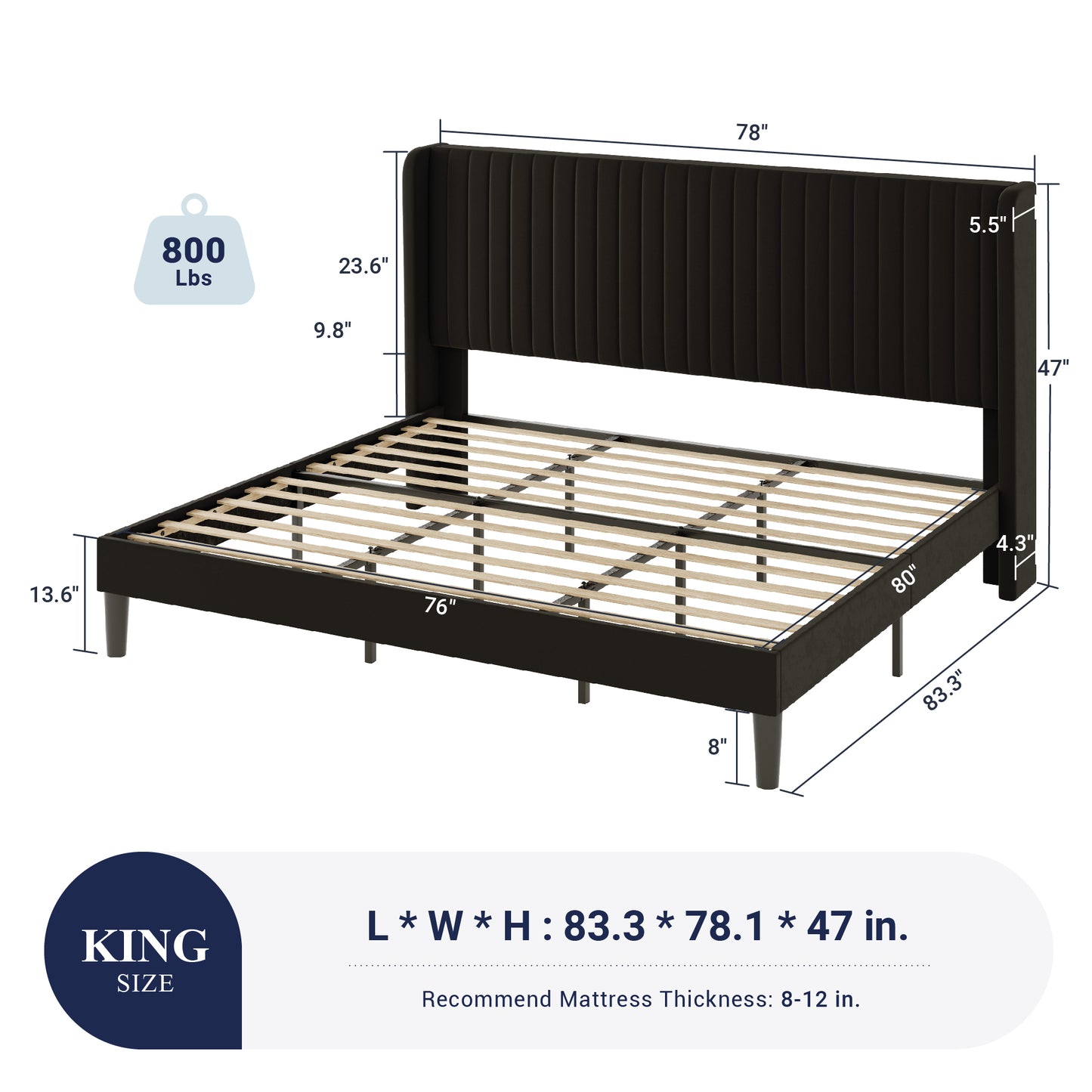 Sifurni Velvet Platform Bed Frame with Vertical Channel Tufted Wingback Headboard