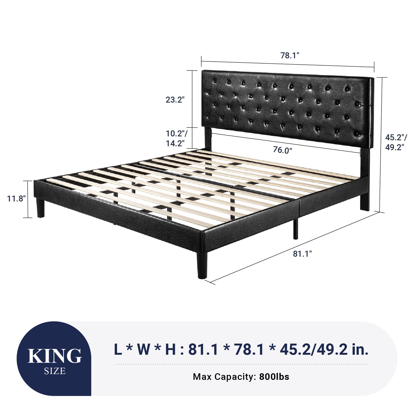 Sifurni Faux Leather Upholstered Platform Bed Frame with Adjustable Diamond-Tufted Headboard