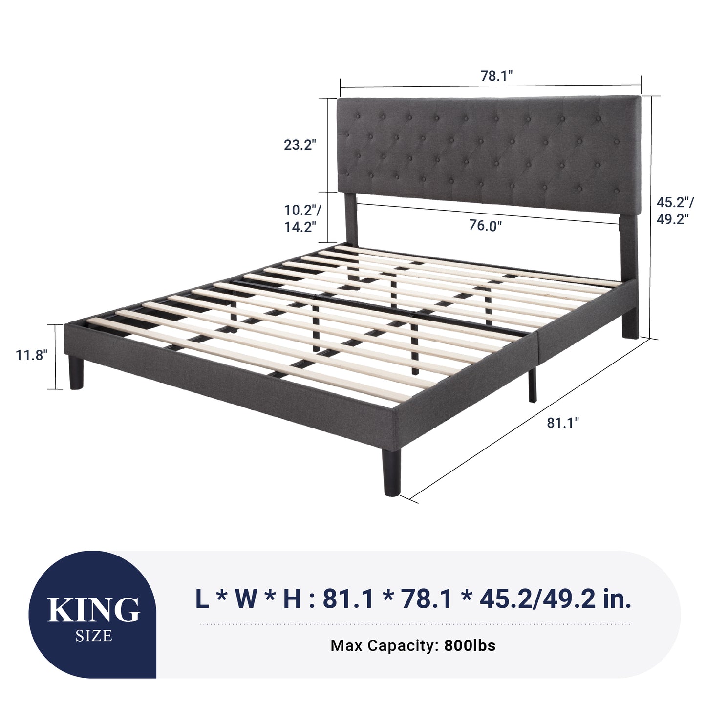 Sifurni Faux Leather Upholstered Platform Bed Frame with Adjustable Diamond-Tufted Headboard