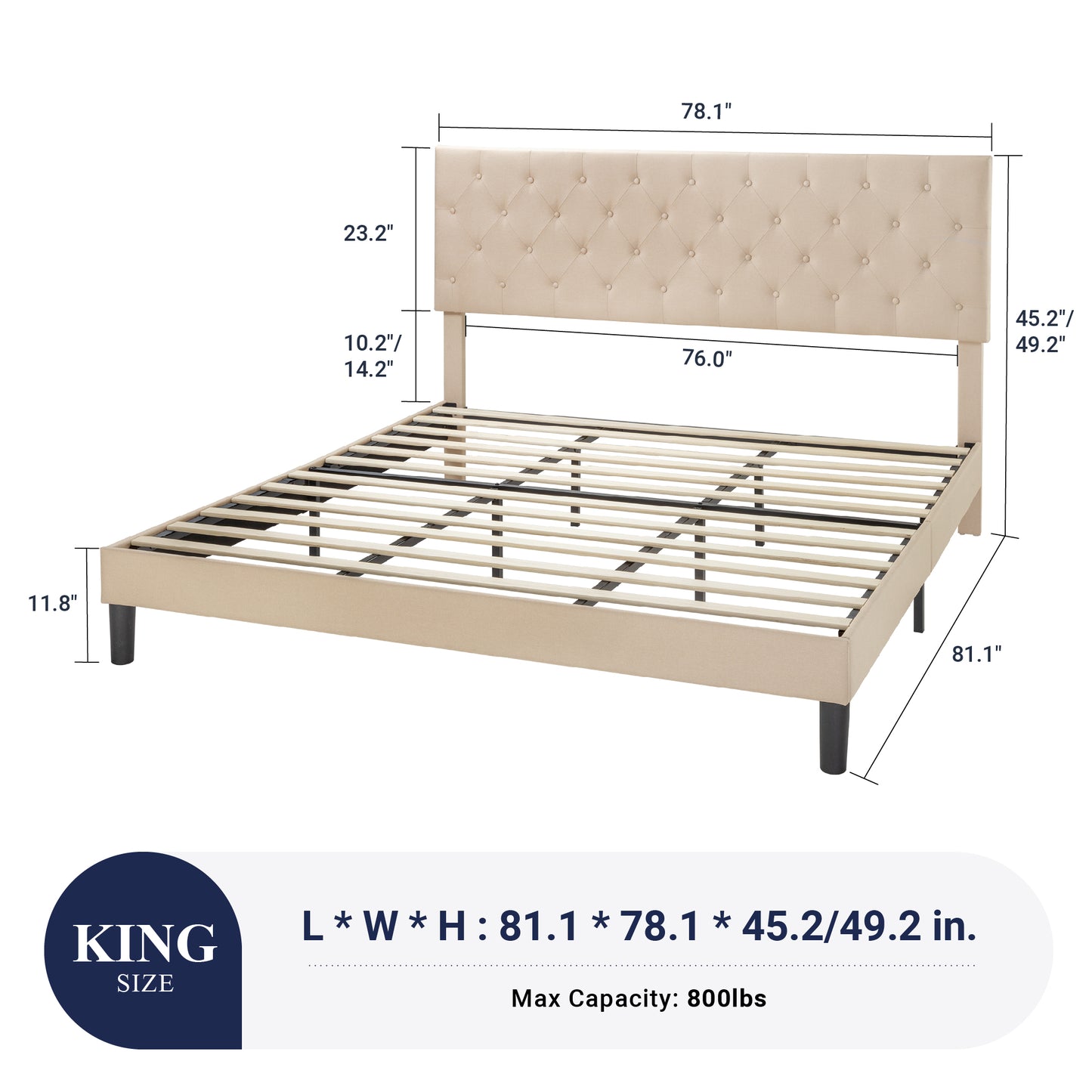 Sifurni Faux Leather Upholstered Platform Bed Frame with Adjustable Diamond-Tufted Headboard