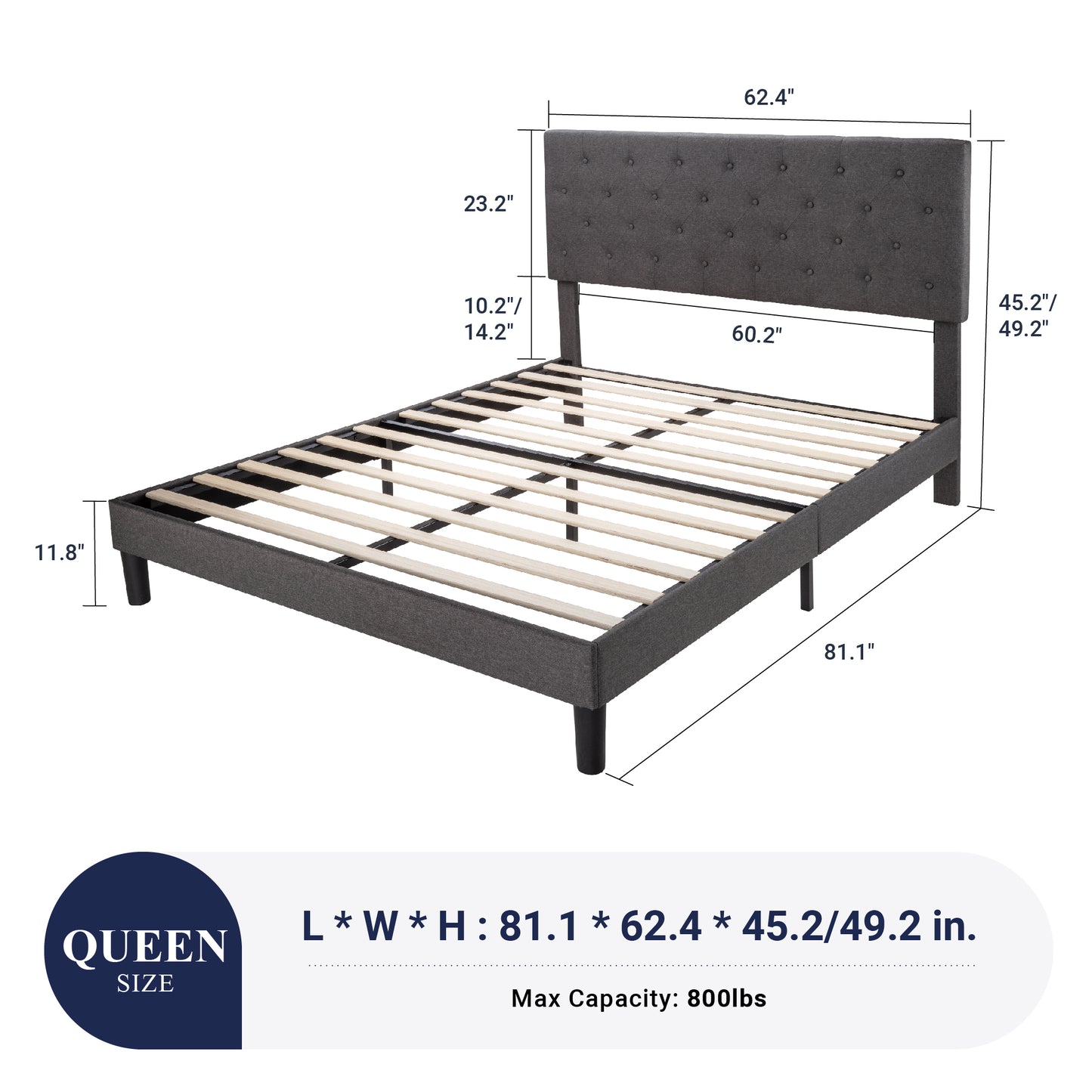 Sifurni Faux Leather Upholstered Platform Bed Frame with Adjustable Diamond-Tufted Headboard